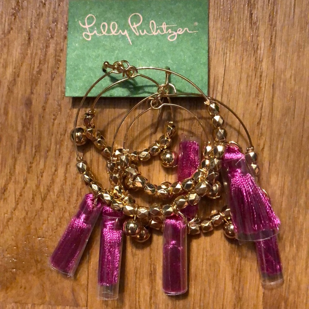 Lilly Pulitzer Gold Pink Tassel Hoop Earrings NWT